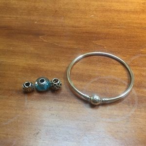 Pandora silver bangle bracelet and 3 charms
